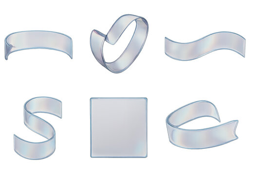 Shiny silver metallic ribbons and a square metallic badge in various curled, wavy and looped banner shapes, decorative vector-style elements for labels, frames, emblems and design accents