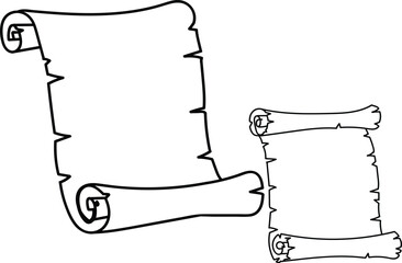 Two black outline scrolls on white background parchment