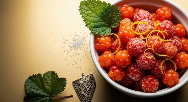 Fresh Cloudberries in White Bowl with Kalevala Shard and Left Golden Negative Space for Text