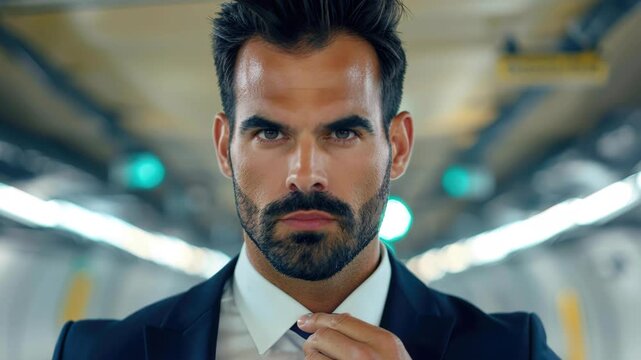 Focused Determination: A sharply dressed man with a stern gaze and focused demeanor adjusts his tie, standing in a tunnel, showcasing a blend of confidence and intent.