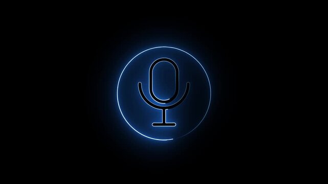 Glowing Blue Microphone in Circle Neon Light Effect on Dark Background Voice Assistant Technology Symbol.