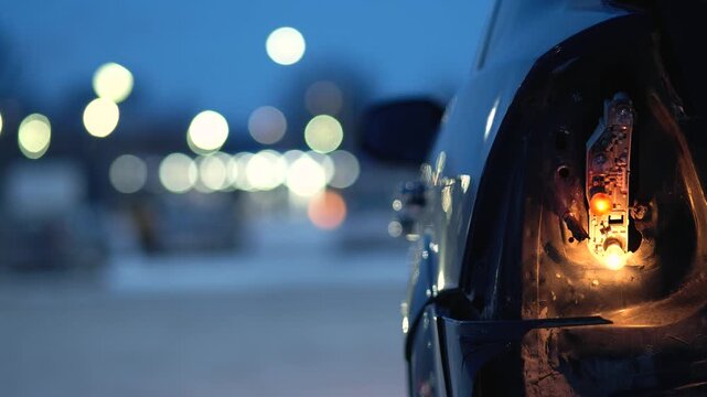 Closeup view of rear light of broken car with bokeh lights of night city. Car accident with the hazard warning lights are flashing