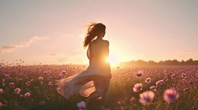 Mulher Correndo no Campo de Flores Expressando Liberdade e Felicidade