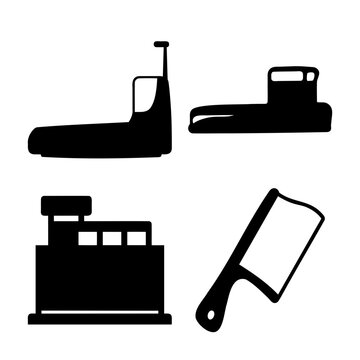 Diverse collection of industrial machinery, retail equipment, and kitchen tool silhouettes