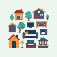 Fototapeta premium Simple cartoon houses and furniture icons.