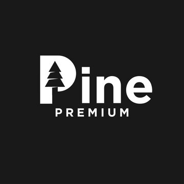Pine tree letter P logo design with "PREMIUM" text on a black background, a modern branding concept.