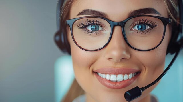 Smiling Customer Service: A friendly customer service representative wearing a headset and glasses, exudes warmth and professionalism, ready to assist with a genuine smile.