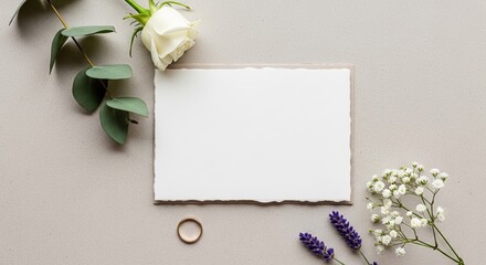 Elegant Blank Invitation Card Mockup with Wedding Rings, White Rose, and Floral Decorations