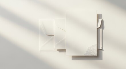 Elegant White Stationery Flat Lay Mockup with Natural Sunlight Shadows for Branding Presentation