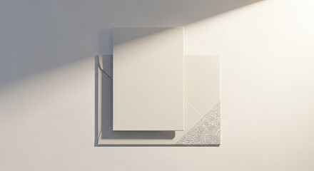 Elegant flat lay with blank white cards and subtle shadows on a clean, minimalist background