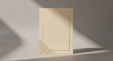 Minimalist elegant invitation or greeting card mockup with decorative gold frame and natural light shadows