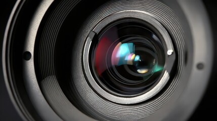 Close Up Macro Shot of Camera Lens with Circular Reflective Optics in Black Background Showing Precision Engineering