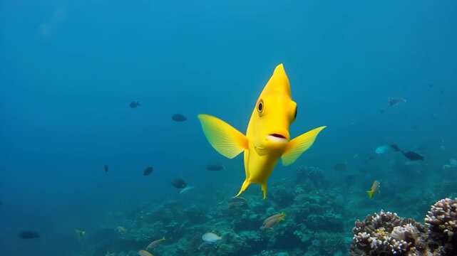 Curious Yellow Fish: A vibrant yellow fish, explores the depths of the ocean, capturing its inquisitive expression against the backdrop of a bustling coral reef.
