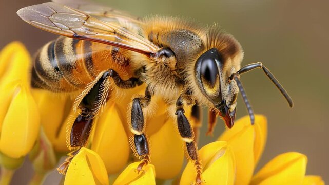 Buzzing Pollinator: A detailed shot of a honeybee, diligently collecting nectar on a vibrant yellow flower, highlighting the beauty and significance of nature's pollinators.