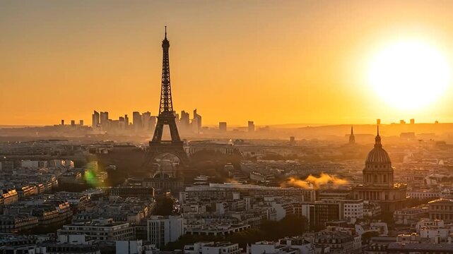 Parisian Dawn: The Eiffel Tower pierces the early morning sky as the city awakens, bathed in the warm, golden glow of sunrise.