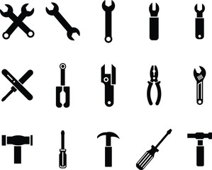 Obraz premium Collection of black silhouette of various hand tools on white background wrench spanner pliers screwdriver