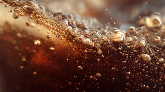 Dynamic close-up illustrating the effervescent texture of dark, fizzy drink