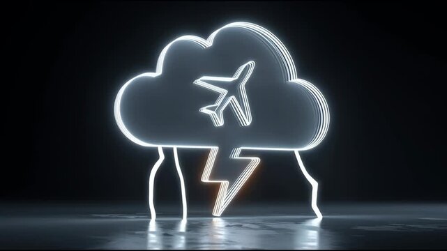 Storm Cloud With Airplane Icon and Lightning Shows Weather Impact on Flight Safety During a Flight Scenario