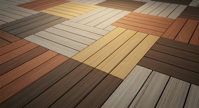 A close-up view of a modern wooden floor or deck pattern featuring square tiles with planks arranged in alternating directions and various natural wood tones.