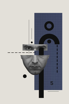 Collage art in retro style with a divided head of a man