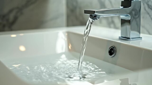 Water streams from a chrome faucet into a white sink, with marble backdrop