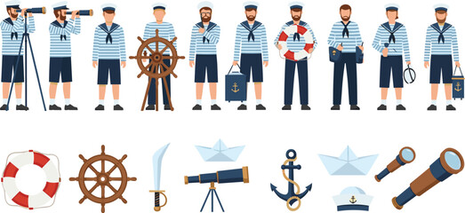 Maritime Sailor Navy Icon Set Featuring Seamen Characters and Nautical Equipment for Ocean Navigation, Shipping, Education, and Vector Illustration Design © MdMunzurul