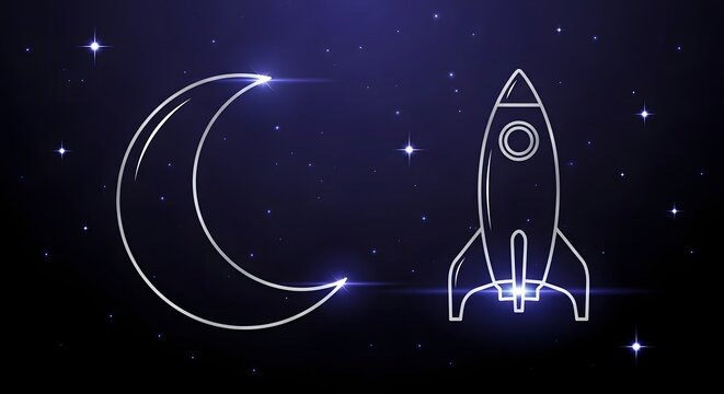 Glowing outline of a crescent moon and a rocket against a starry night sky, representing space exploration and dreams.