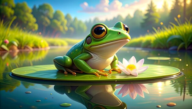 Bright Green Frog on Lily Pad in Sunny Water
