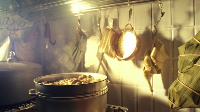 Eid al Fitr celebration with halal food and eid feast in a kitchen with cooking utensils hanging on the wall and a large pot