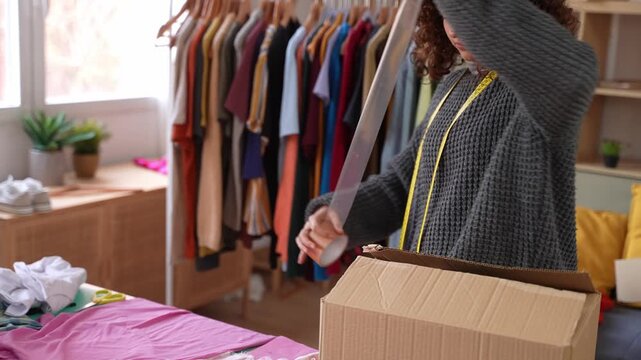 Young female fashion designer packing customer order for shipping