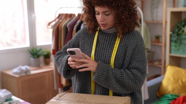 Fashion designer scanning shipping label on package