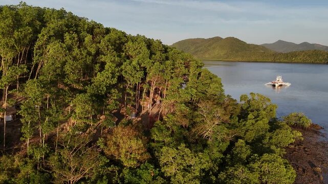 Drone aerial view of Palomaria Island basecamp near Coron in the Philippines