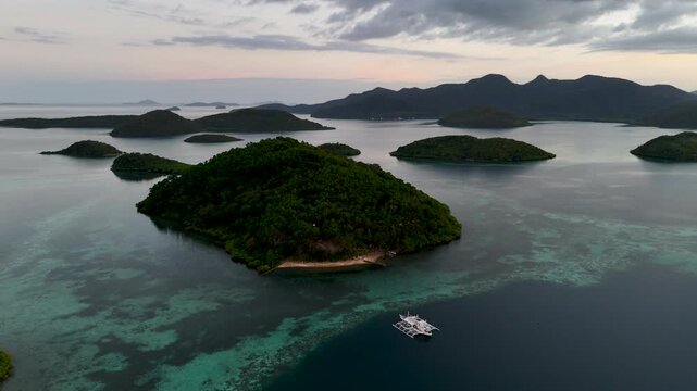 Drone aerial view of Palomaria Island basecamp near Coron in the Philippines