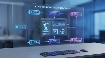 A futuristic-looking transparent screen displaying an AI workflow automation platform and a keyboard