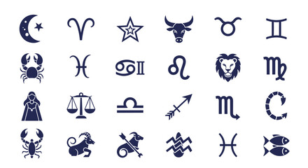 Fototapeta premium An expansive assortment of various astrological zodiac signs and celestial symbols presented as dark blue icons.