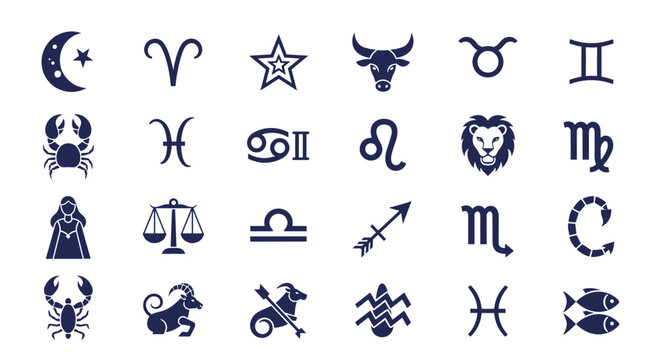 An expansive assortment of various astrological zodiac signs and celestial symbols presented as dark blue icons.