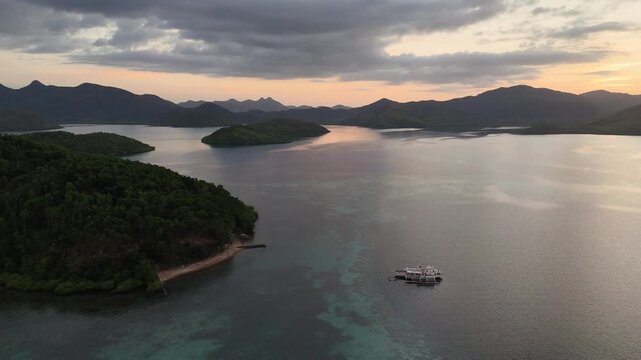 Drone aerial view of Palomaria Island basecamp near Coron in the Philippines