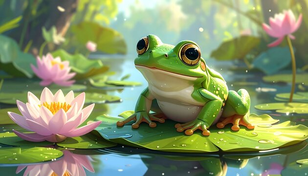Bright Green Frog on Lily Pad by Pink Water Lilies