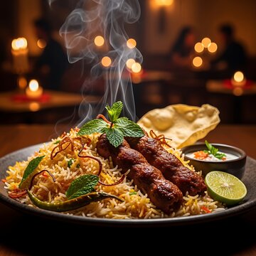 Delicious Biryani Platter with Seekh Kebab and Mint Garnish.