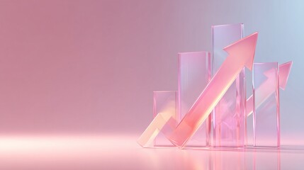 Pink 3D glass bar chart with rising arrows, business growth concept