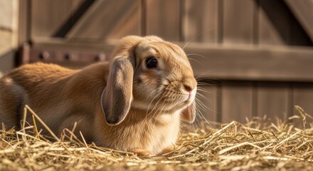 Cute Light Brown Lop Rabbit Resting Calmly on Fresh Hay in a Warm Barn