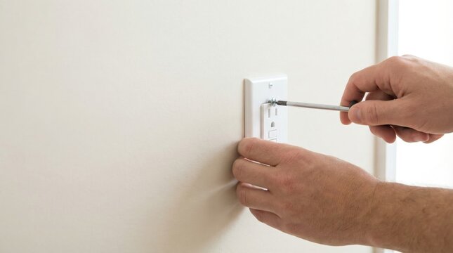 Electrician's hands using a screwdriver to install or repair a new white electrical outlet on a beige wall.