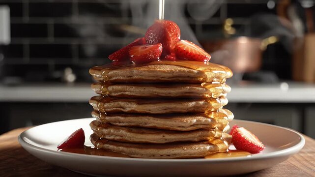 Syrup pouring on a stack of pancakes with fresh strawberries on top