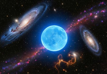 Cosmic blue sphere in a nebula galaxy with swirling galaxies and starry background creates a breathtaking astronomical