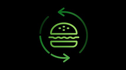 Green recycling symbol with a hamburger icon on black background