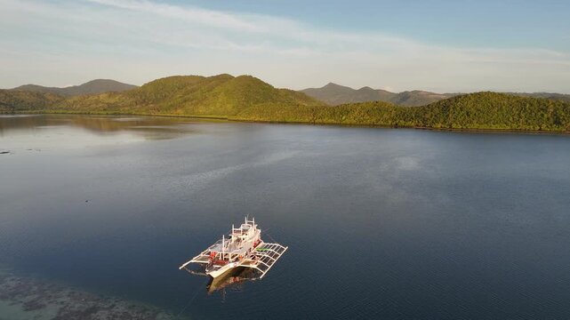 Drone aerial view of Palomaria Island basecamp near Coron in the Philippines