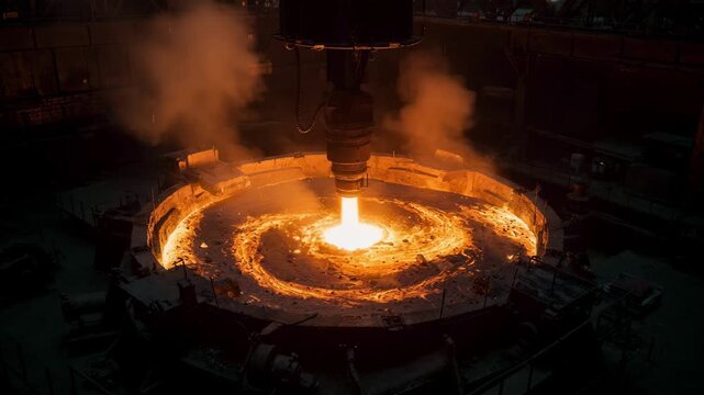 High angle medium shot capturing the intense glow of molten steel in a basic oxygen furnace with a sharply focused oxygen lance injecting oxygen amidst hazy furnace details.