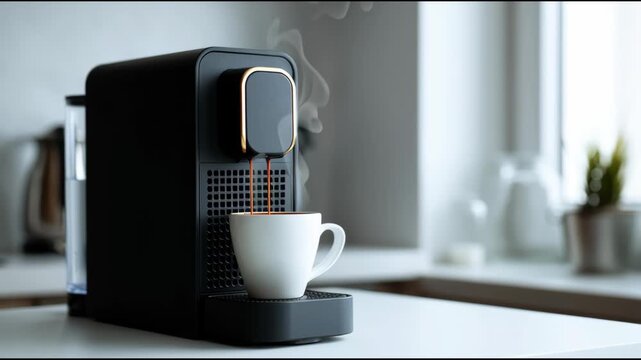 Modern Capsule Coffee Machine Brews Coffee in Stylish Kitchen Setting With White Cup and Steam Rising in Morning Light