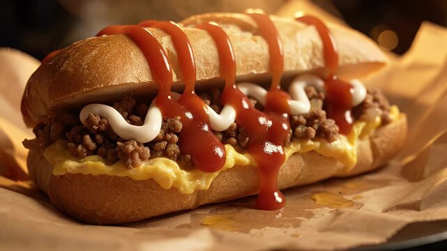 A close-up of a filled bread roll, with ketchup and creamy sauce drizzled on top