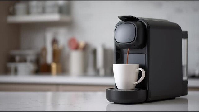 Modern Capsule Coffee Machine Brews Coffee in a Stylish Kitchen Setting, Showing the Process Step by Step, Suitable for Coffee Lovers and Home Baristas